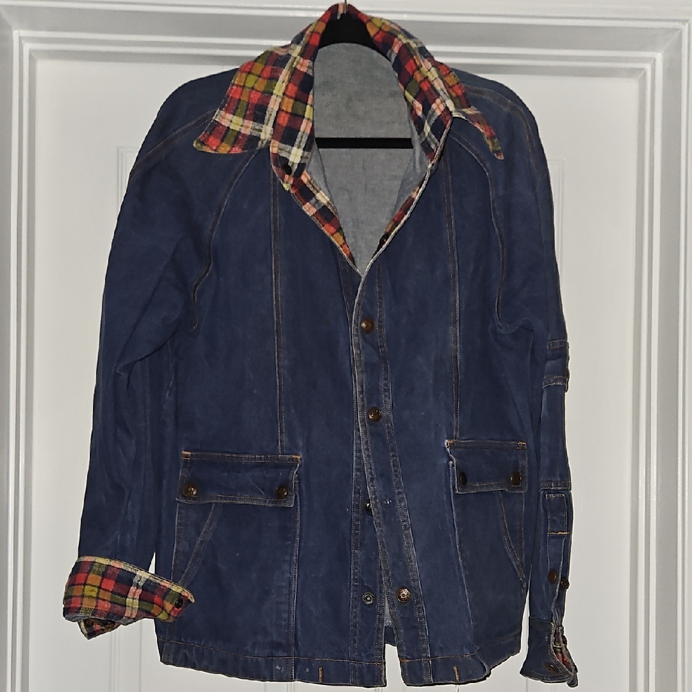 Women's Blue Denim Jacket with Plaid Lining